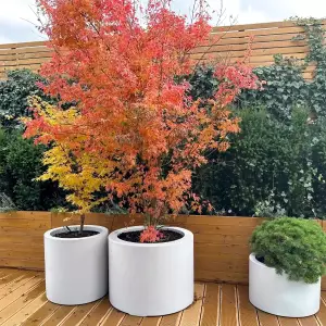 okrągłe białe matowe donice na taras